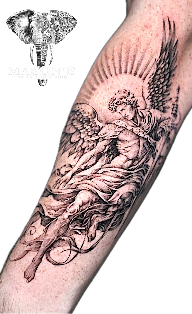 Mythology Realistic Angel Sword tattoo by Mason's Ink Tattoo Studio, Bali