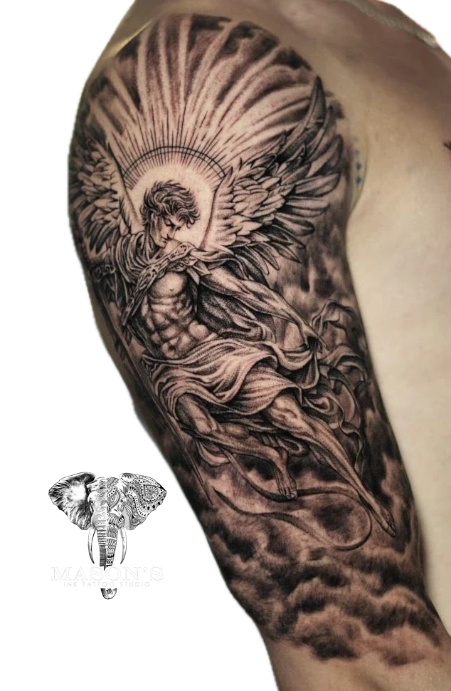 Mythology Realistic Angel in sky tattoo by Mason's Ink Tattoo Studio, Bali