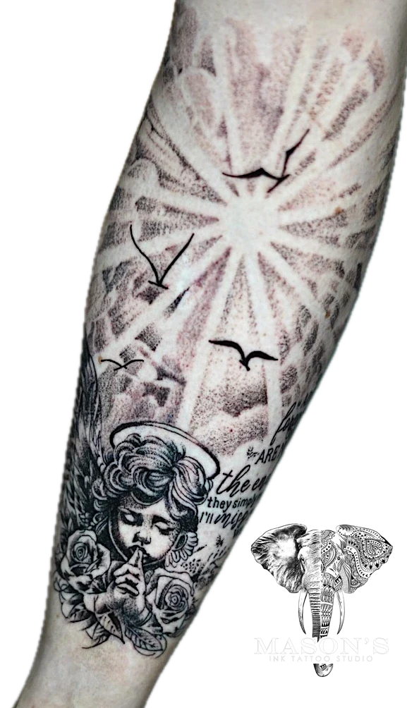 Mythology Realistic Baby Cupid Angel with wing tattoo by Mason's Ink Tattoo Studio, Bali