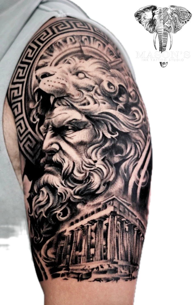 Mythology Realistic Coloseum Tiger and Zeus tattoo by Mason's Ink Tattoo Studio, Bali
