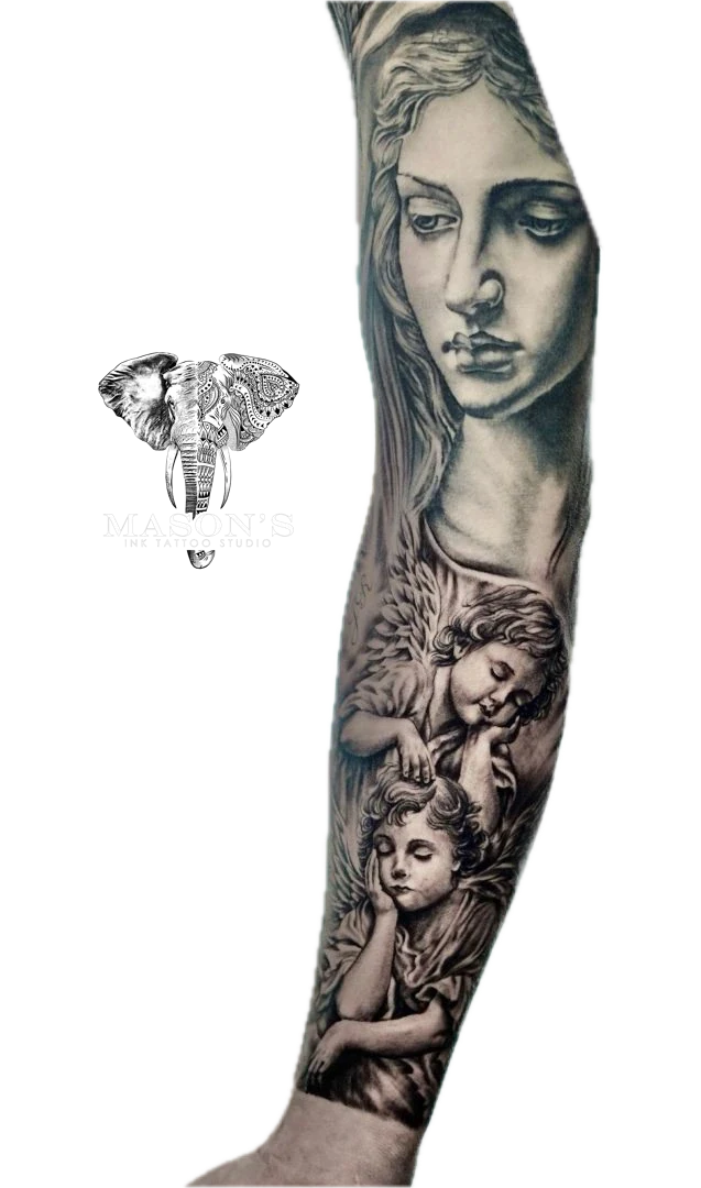 Mythology realistic Baby Cupid Angel tattoo by Mason's Ink Tattoo Studio, Bali
