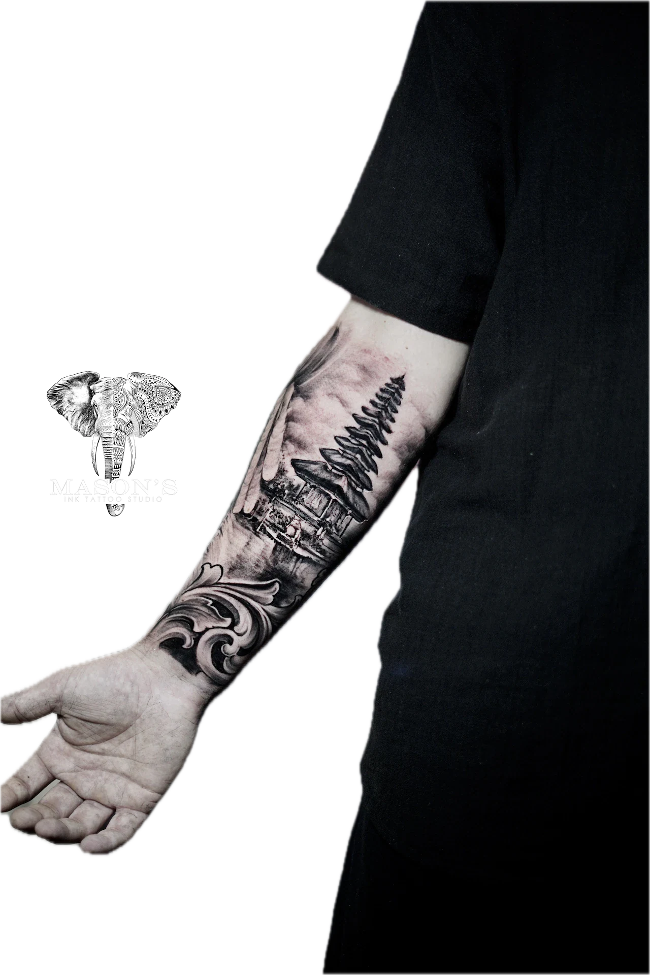 Realism Balinese Temple Bratan Lake tattoo by Mason's Ink Tattoo Studio, Bali