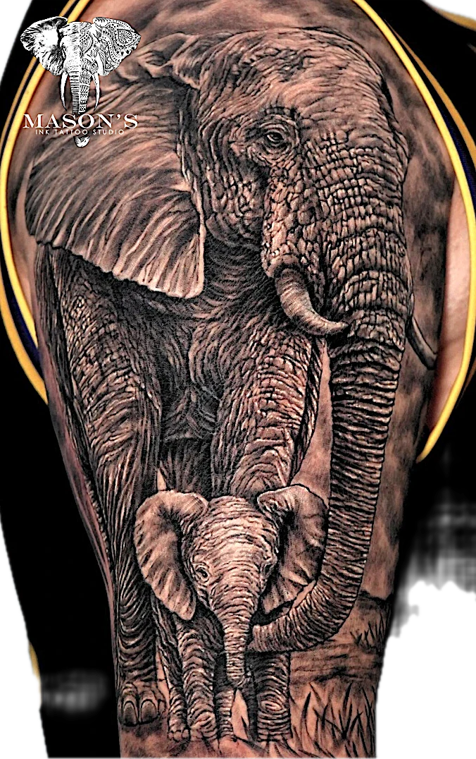 Realism Elephant Family tattoo by Mason's Ink Tattoo Studio, Bali