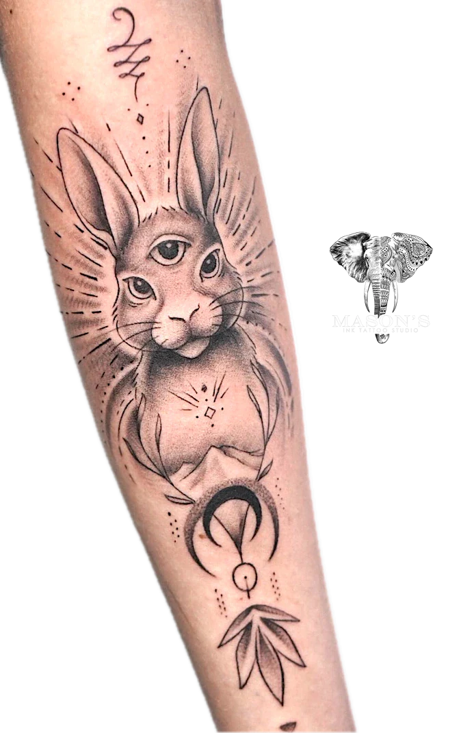 Realism Japanese Rabbit three eyes tattoo by Mason's Ink Tattoo Studio, Bali