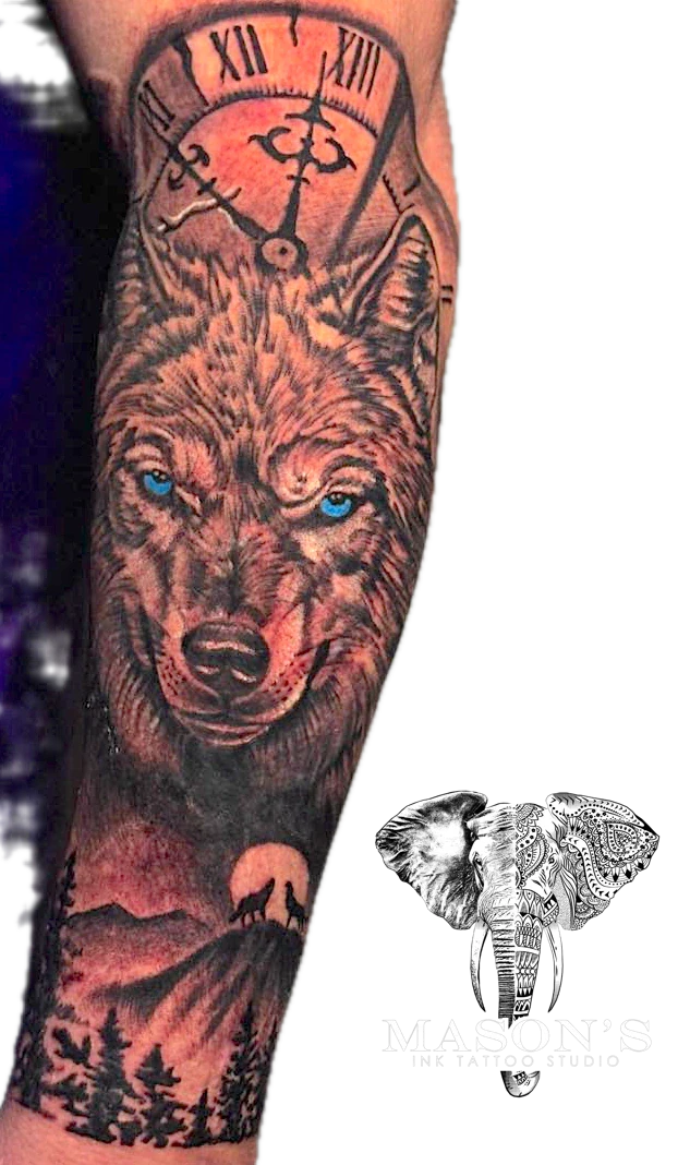 Realism Wolf, Antique Clock and Forest tattoo by Mason's Ink Tattoo Studio, Bali