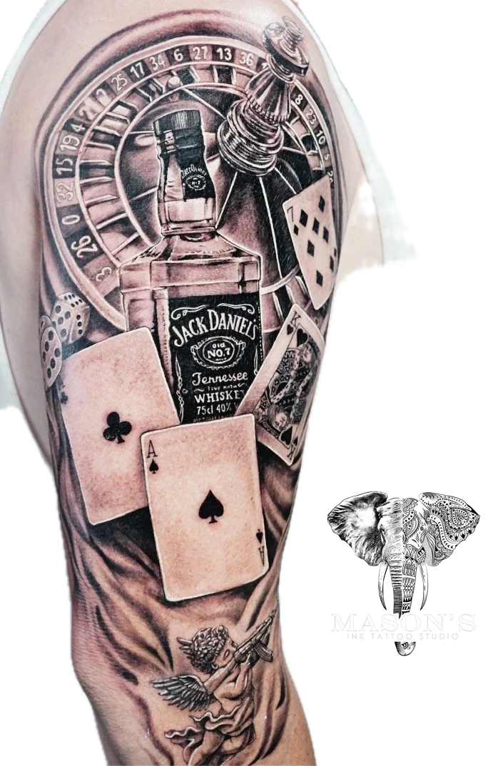 Realism and Black & Grey Pocker, Jack Daniel and Casino tattoo by Mason's Ink Tattoo Studio, Bali