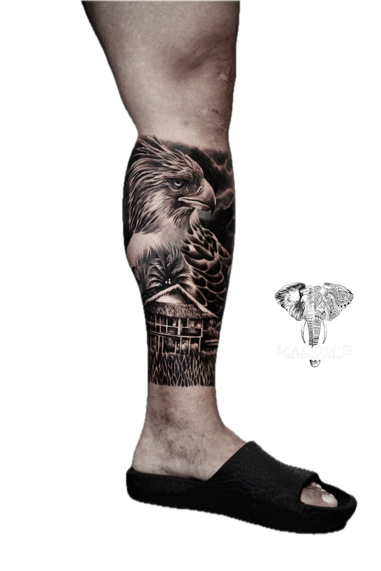 Realism Falcon Bird and Traditional House tattoo by Mason's Ink Tattoo Studio, Bali