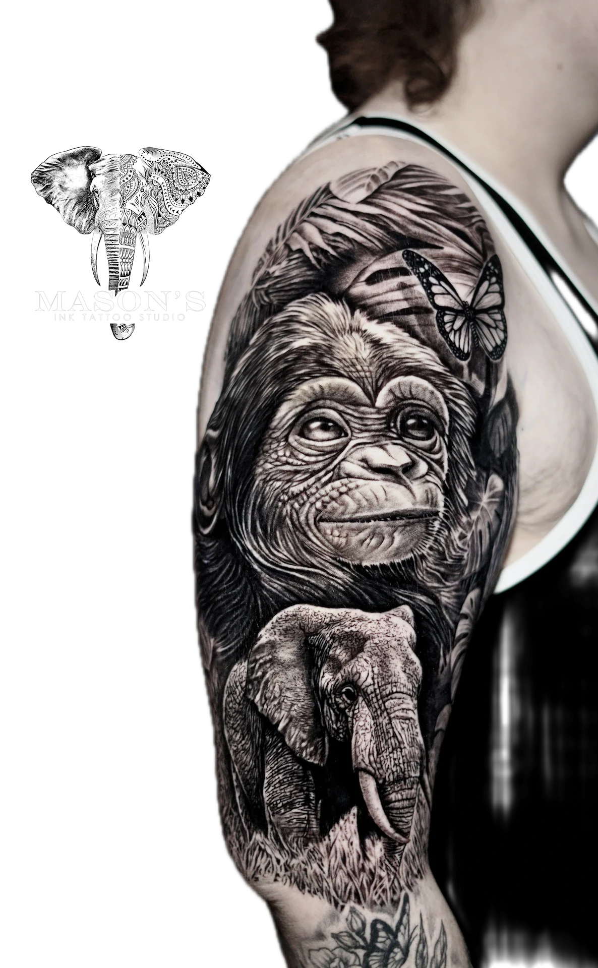 Realism Jungle Elephant and tattoo by Mason's Ink Tattoo Studio, Bali