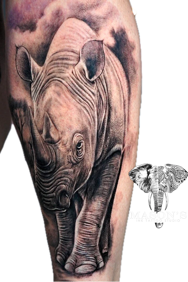 Rino Black and Grey Realism tattoo by Mason's Ink Tattoo Studio, Bali