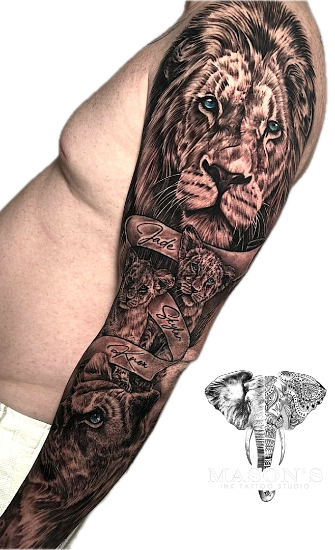 Tiger Family Realism Black and Grey tattoo by Mason's Ink Tattoo Studio, Bali