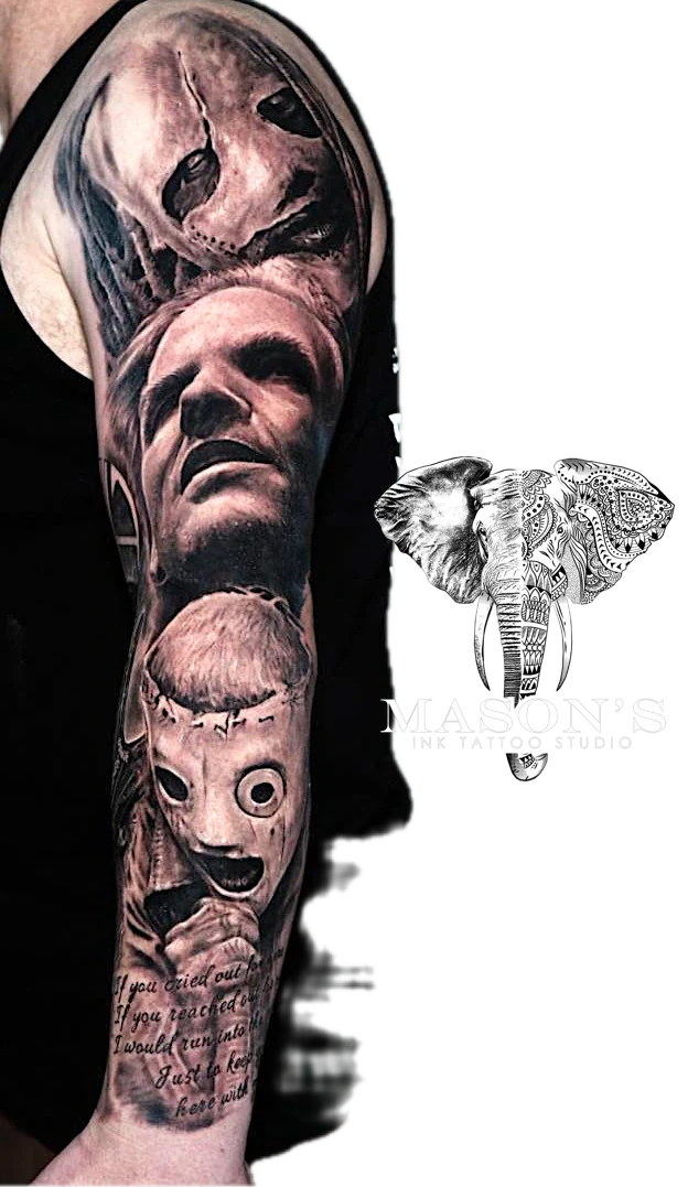 Horror themed tattoo sleeve, likely depicting Michael Myers from the Halloween franchise by Mason's Ink Tattoo Studio, Bali