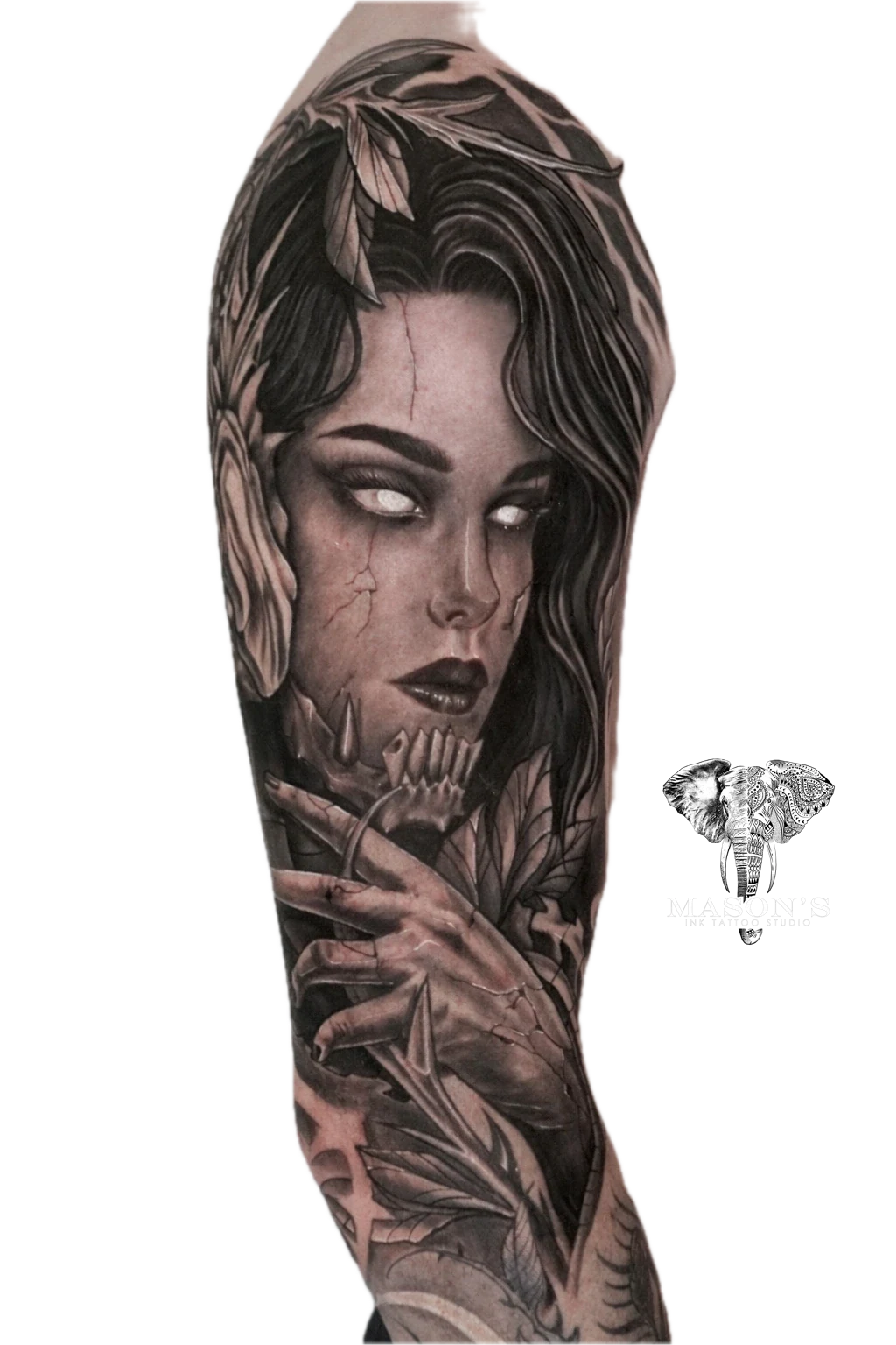 Black and Grey Realism Woman Tattoo Design: a dark portrait of a woman with leaves and tears on a full sleeve