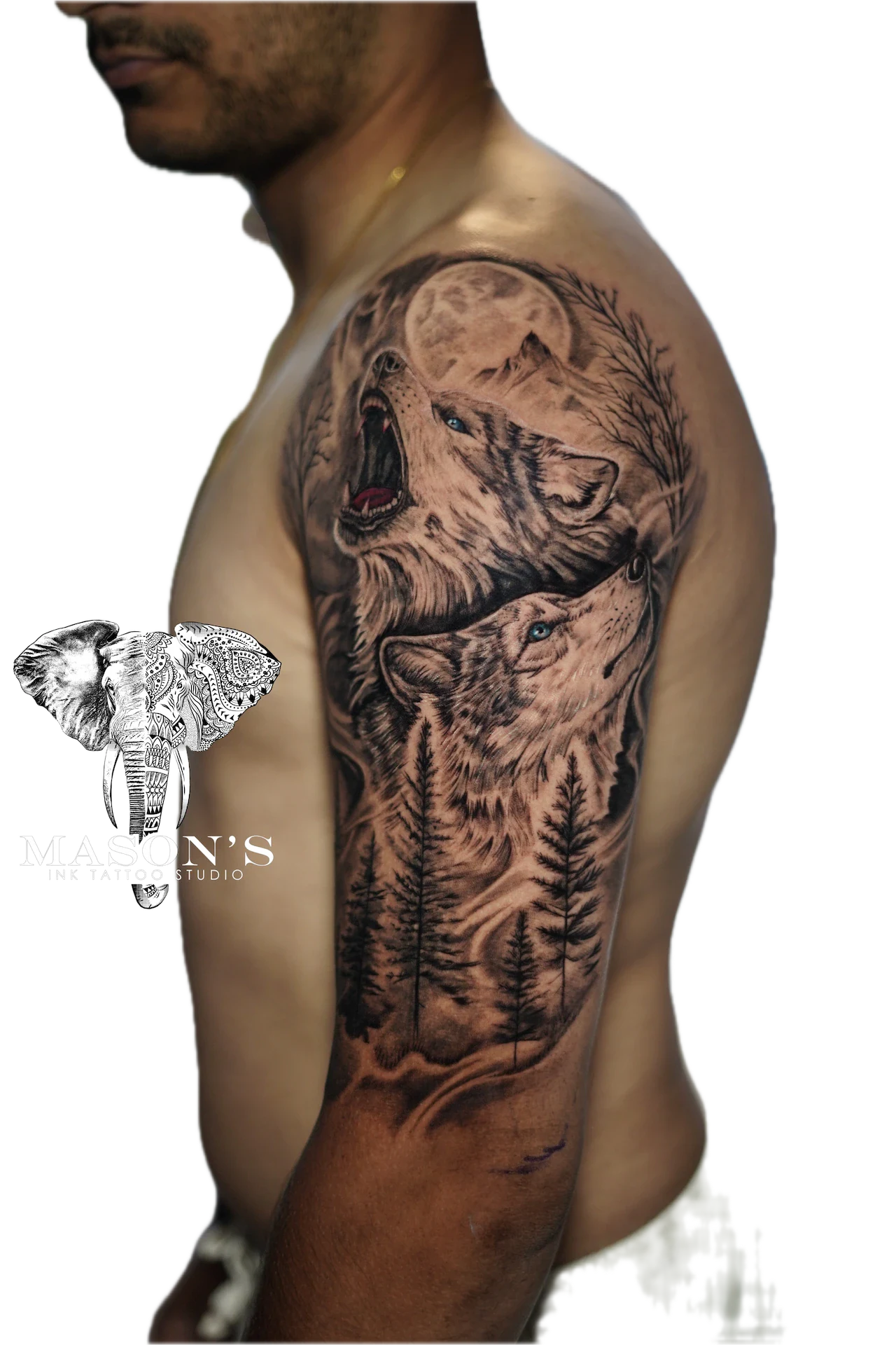 Black and Grey Realism Tattoo Design: a large wolf in a forest on a full sleeve tattoo