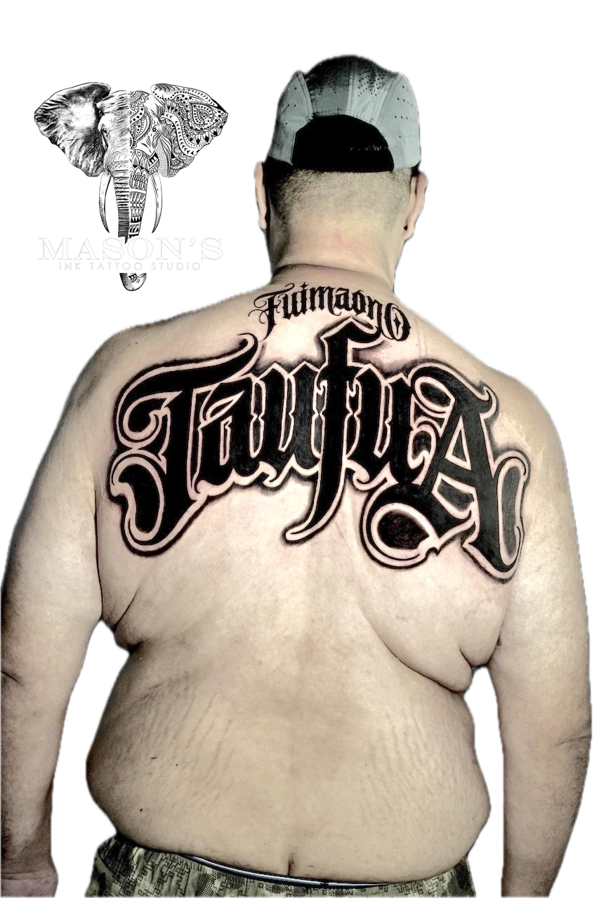 Blackwork Script Tattoo Design: Large ornate lettering with a cross on the back