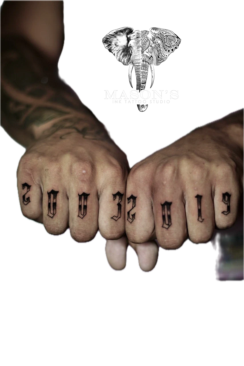 Blackwork Script Tattoo Design: Black and grey lettering and numbers on fingers