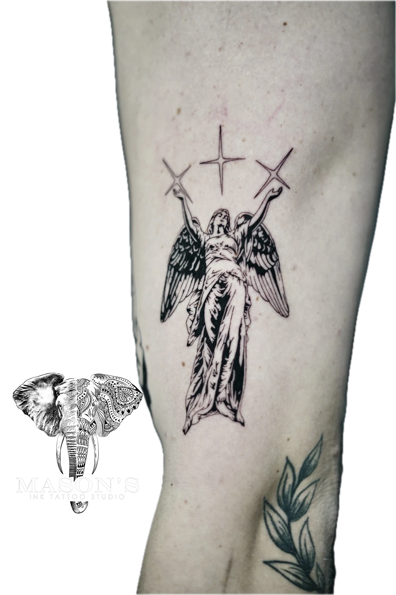 Black Work Angel Mythology Realism Tattoo by Mason's Ink Tattoo Studio, Bali