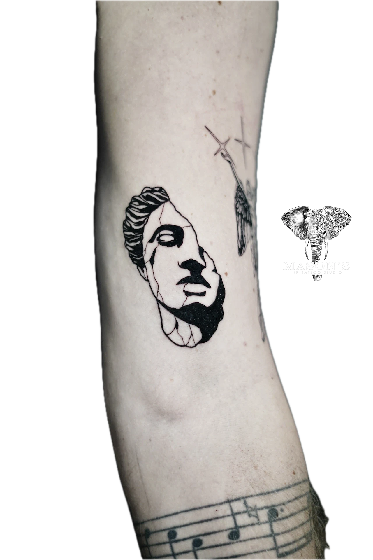 Black Work Broken Roman Head Statue Tattoo by Mason's Ink Tattoo Studio, Bali