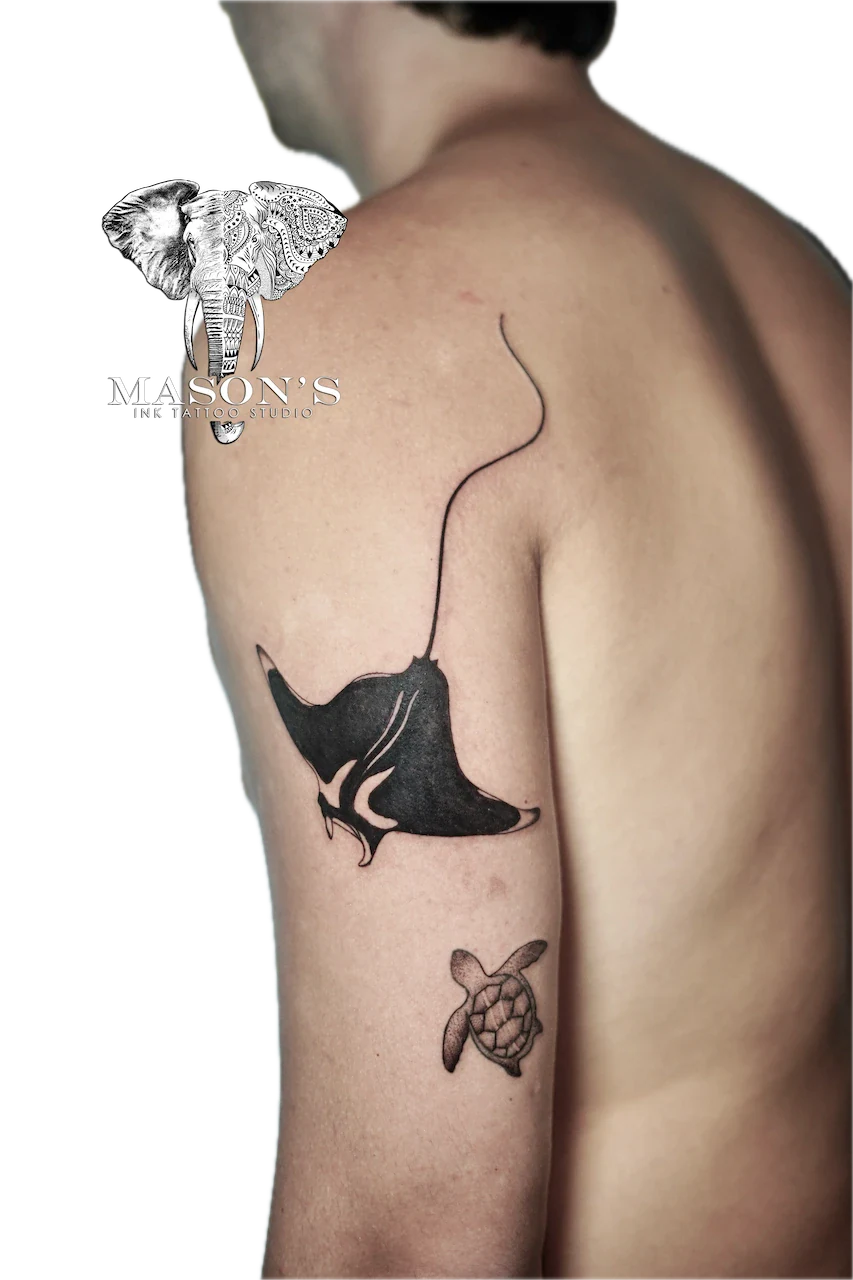 Black Work Manta Ray Tattoo Design - Blackwork tattoo by Mason's Ink Tattoo Studio, Bali