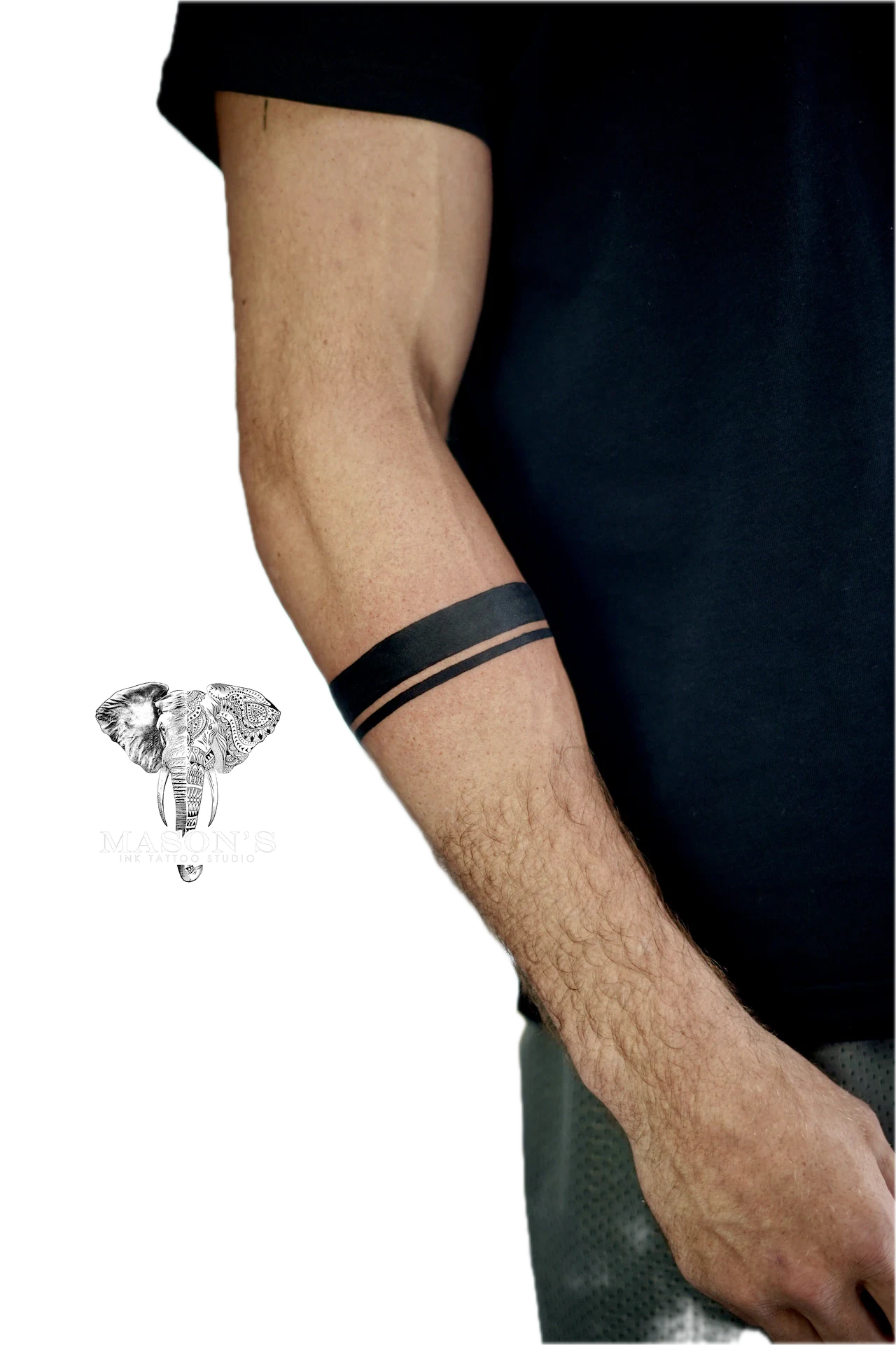 Black Work Arm Bend Tattoo Design: Minimal black and grey forearm tattoo with two parallel bands