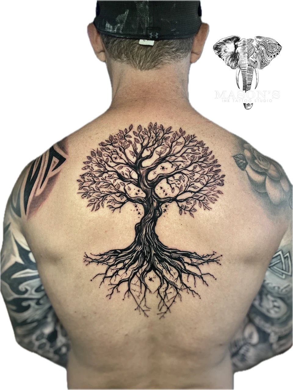 Black Work Sacred Tree Tattoo by Mason's Ink Tattoo Studio, Bali