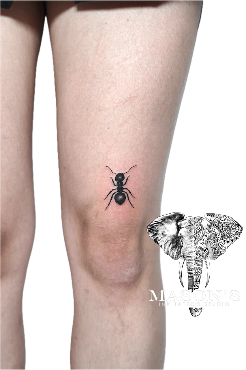 Black Work Tattoo Style Ant: a small black and grey ant tattoo on the knee