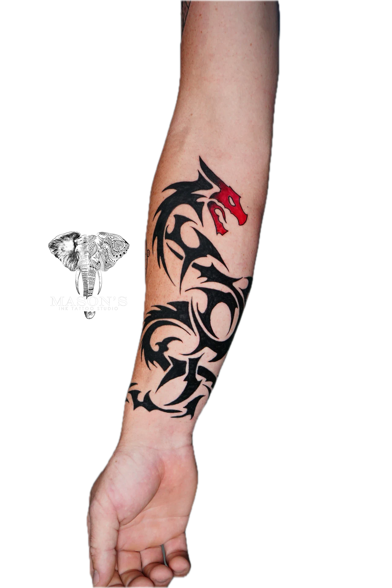 Black Work Dragon Tattoo Design: a large red-eyed dragon with flames and waves on a forearm