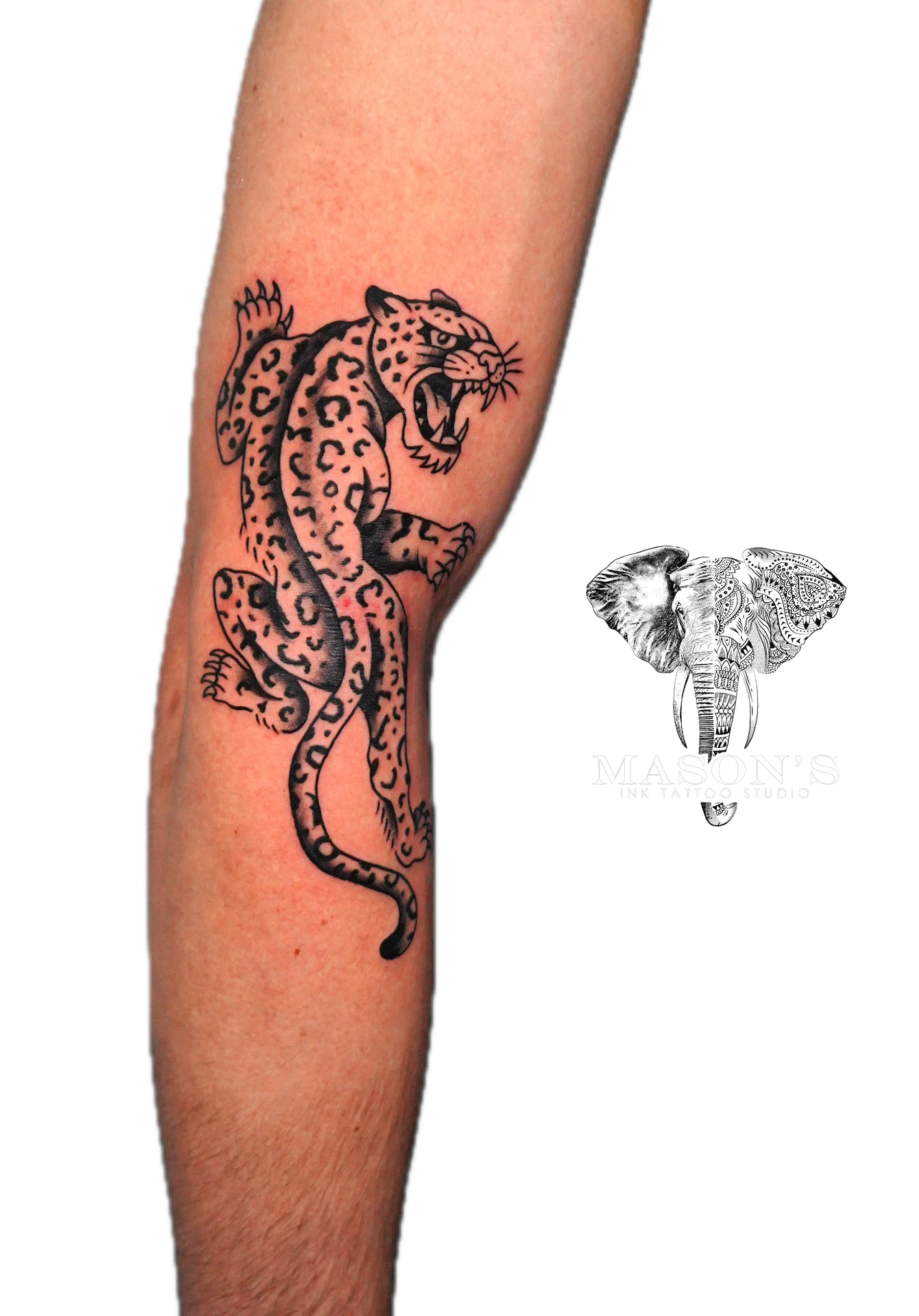 Traditional Blackwork Jaguar Tattoo Design: a leopard tattoo on a person's calf