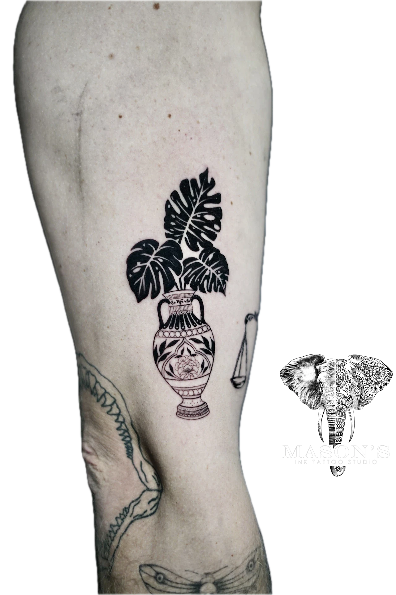 Black Work Traditional Vase with Monstera Plant tattoo by Mason's Ink Tattoo Studio, Bali