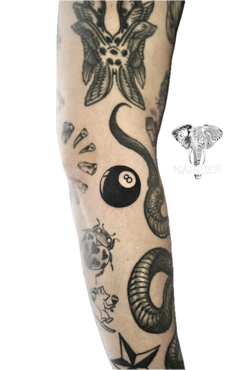 Blackwork 8 Ball Script Tattoo Design by Mason's Ink Tattoo Studio, Bali