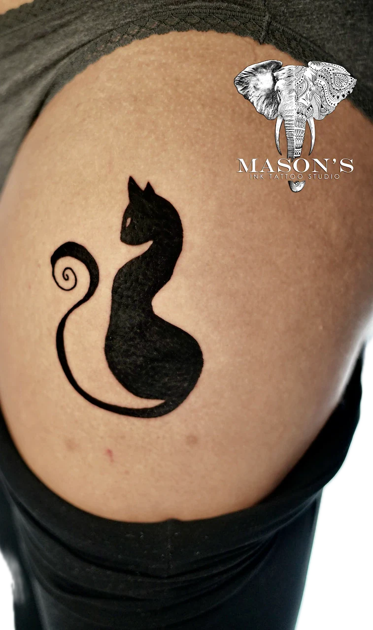 Blackwork Cat Silhouette Tattoo Design - Blackwork tattoo by Mason's Ink Tattoo Studio, Bali