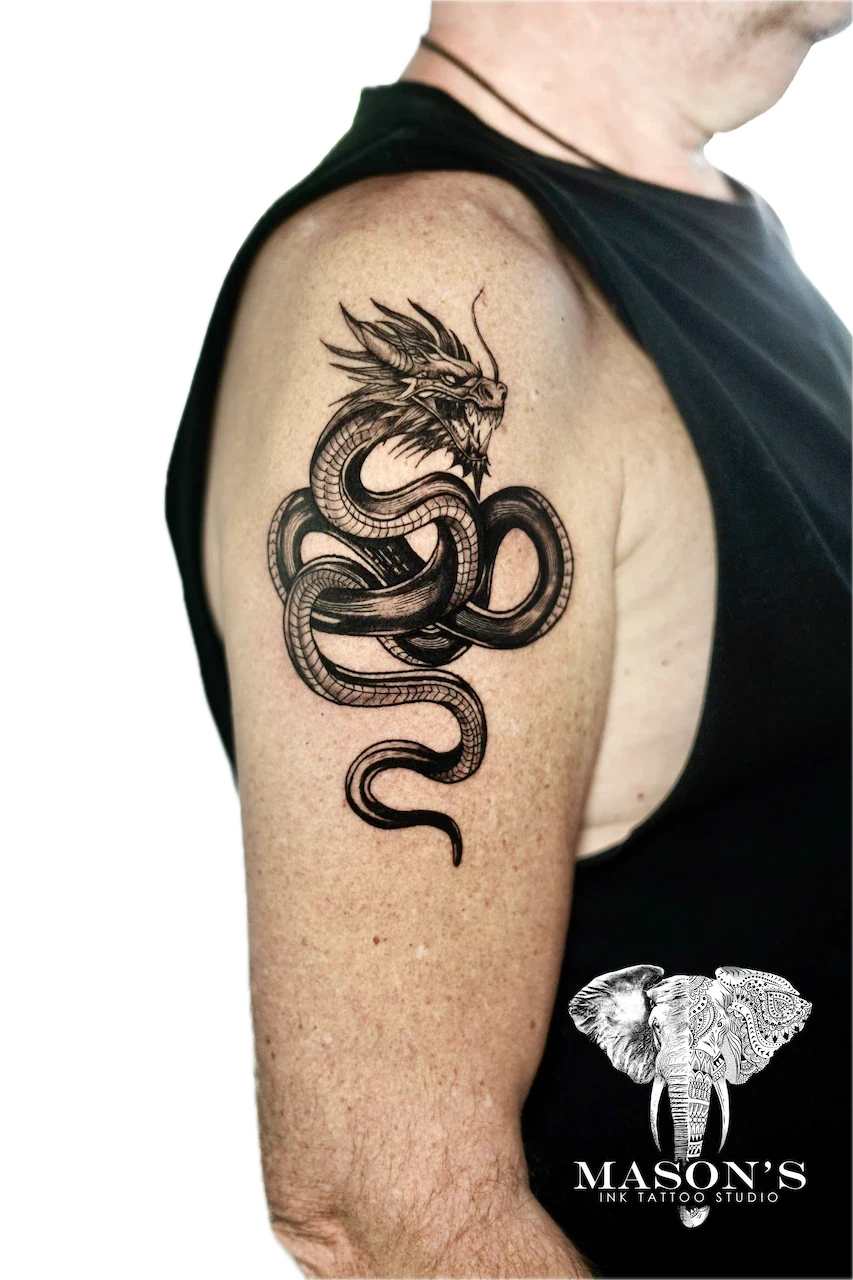 Blackwork Dragon Tattoo Design - Blackwork tattoo by Mason's Ink Tattoo Studio, Bali