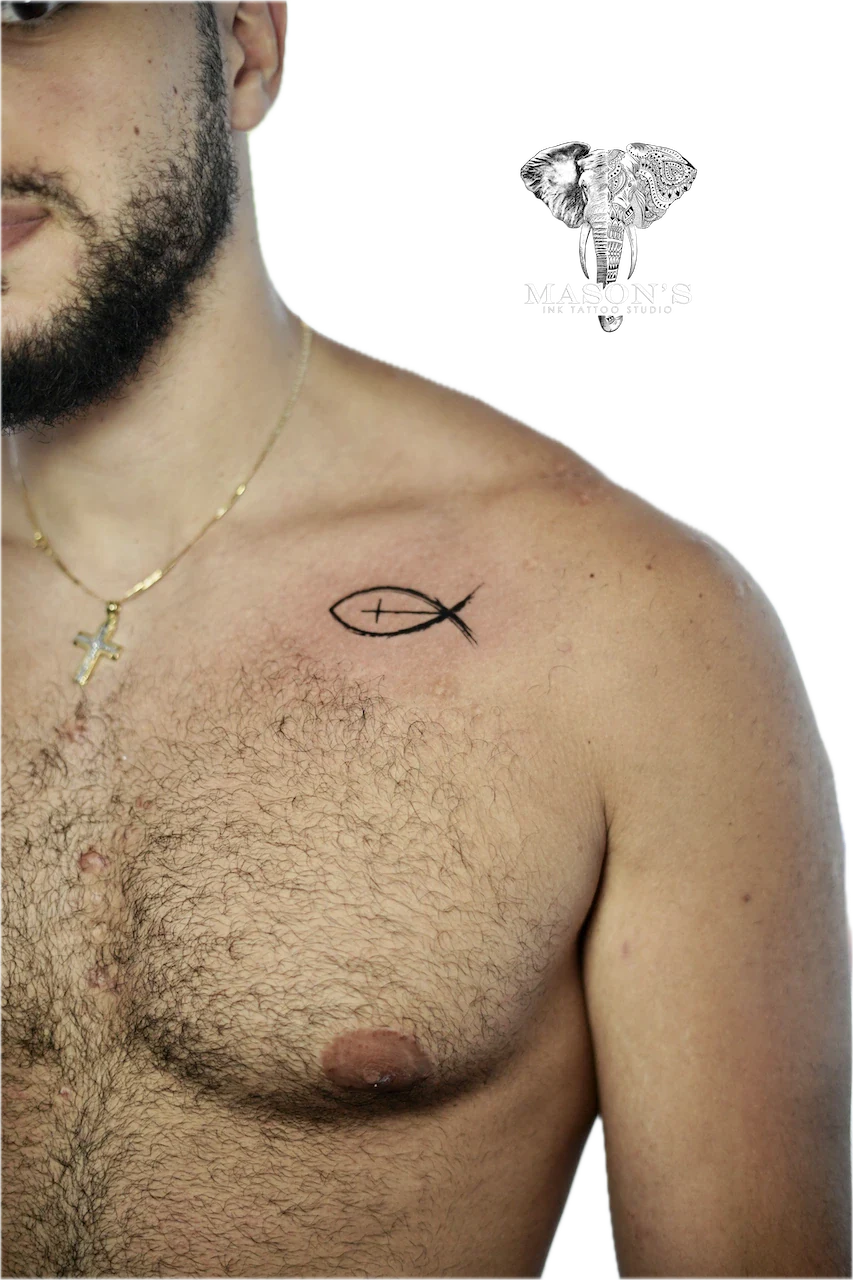 Blackwork Fish and Cross Tattoo Design - Blackwork tattoo by Mason's Ink Tattoo Studio, Bali