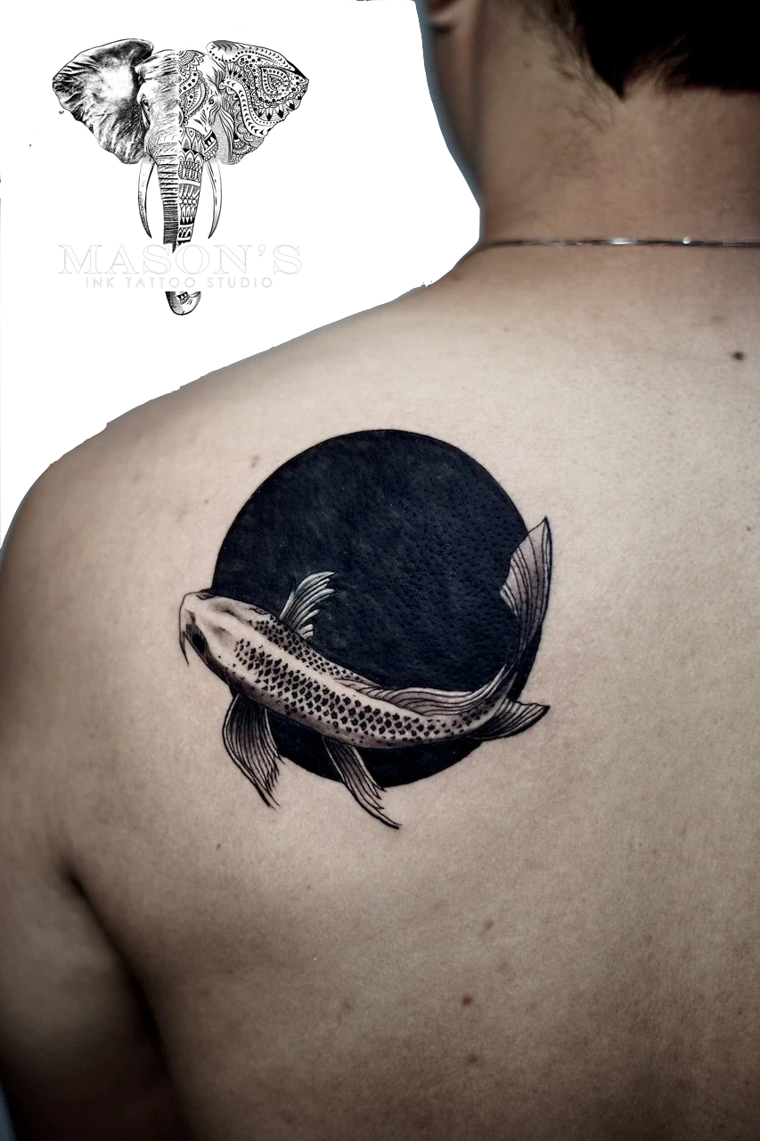 Blackwork Koi Fish Tattoo Design by Mason's Ink Tattoo Studio, Bali