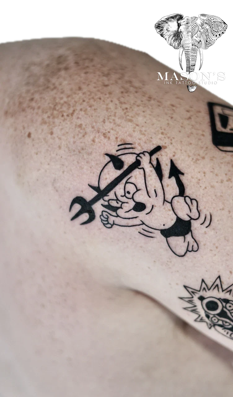 Blackwork Linework Child Devils Tattoo Design by Mason's Ink Tattoo Studio, Bali