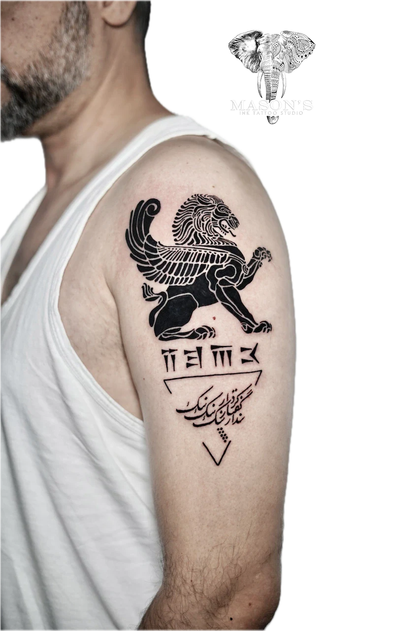 Blackwork Lion and Arabic Script Tattoo Design - Blackwork tattoo by Mason's Ink Tattoo Studio, Bali