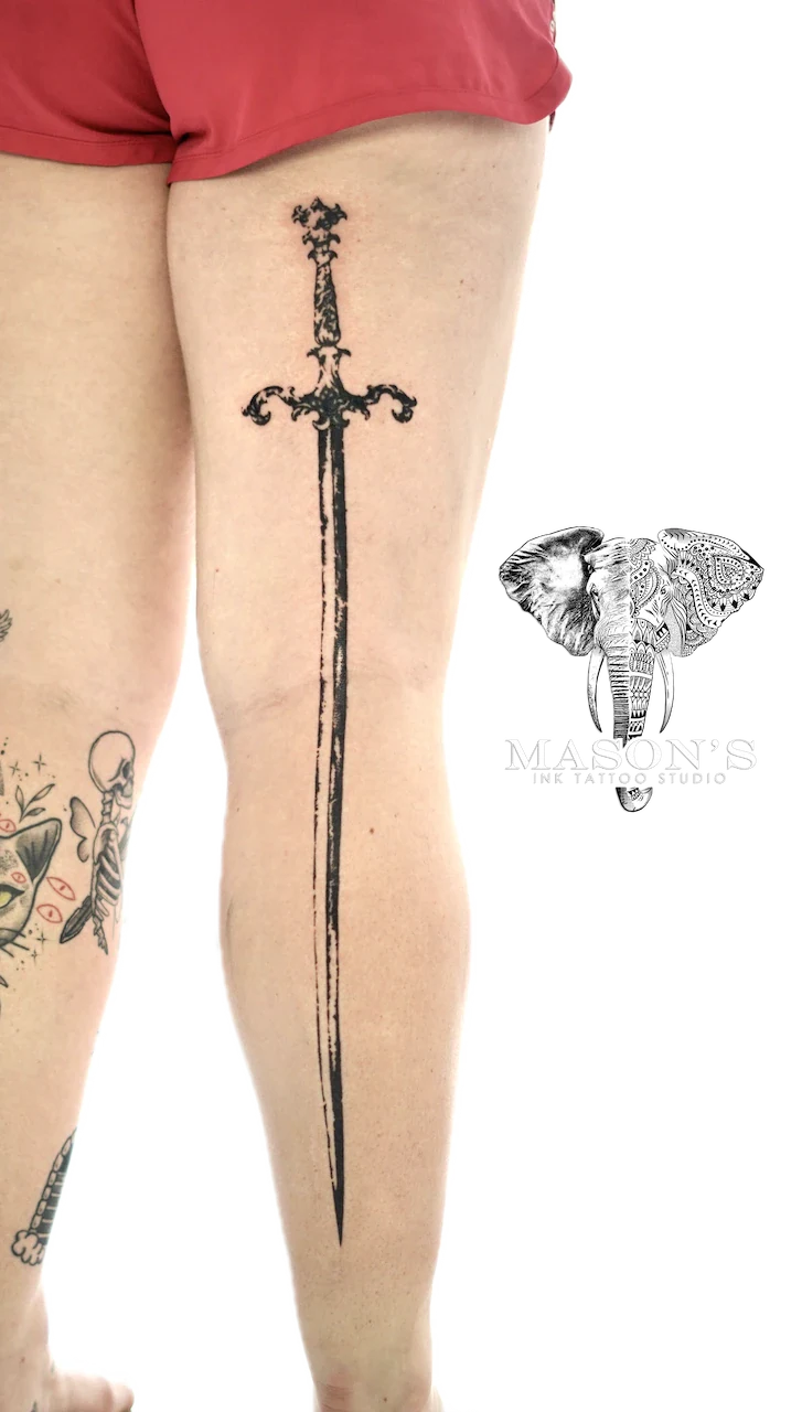 Blackwork Sword Tattoo Design by Mason's Ink Tattoo Studio, Bali