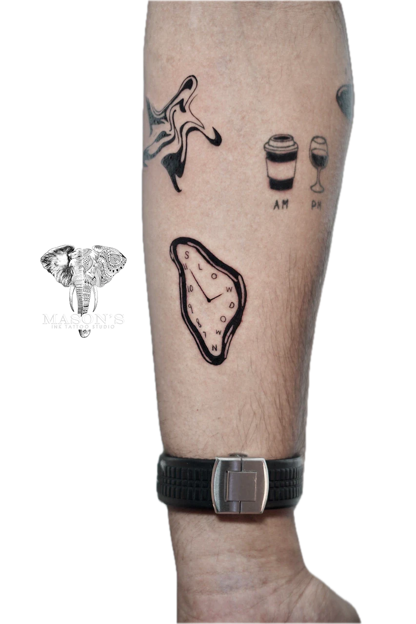Fine Line Blackwork Script Clock Tattoo Design by Mason's Ink Tattoo Studio, Bali