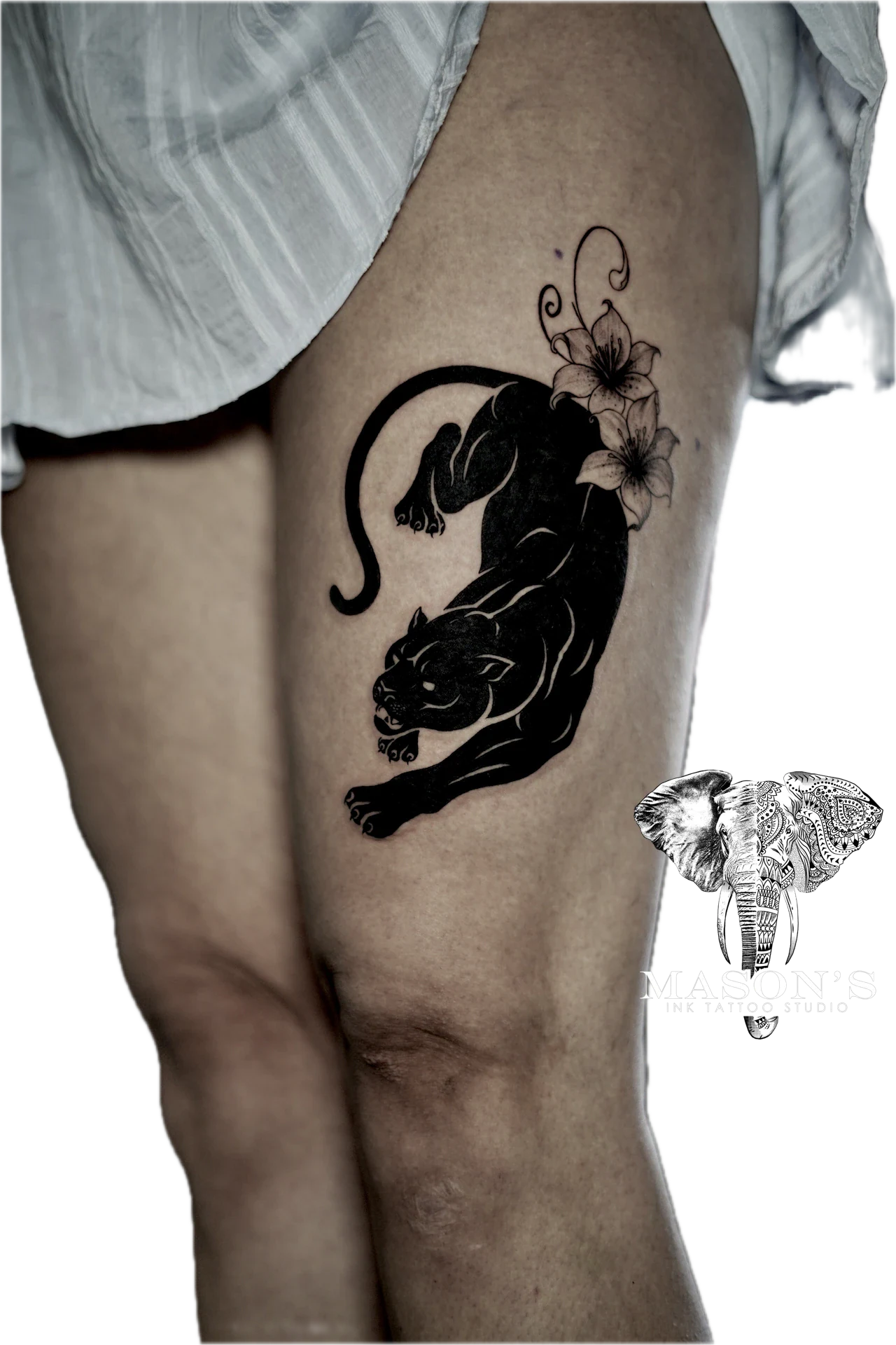 Japan Black Work Traditional Puma Tiger with Flower Tattoo by Mason's Ink Tattoo Studio, Bali