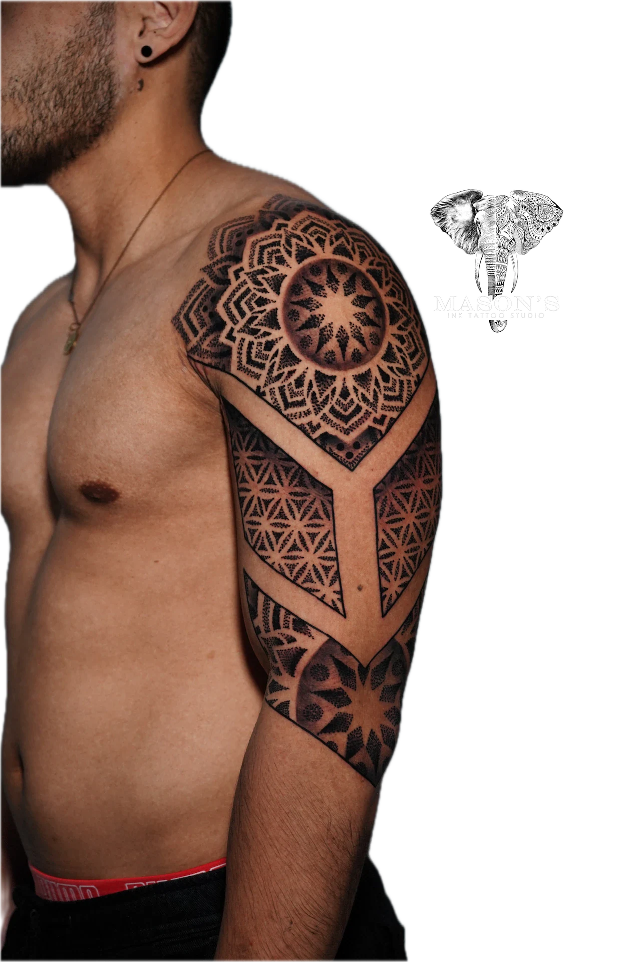 Mandala & Black Work Tattoo Design: Intricate geometric pattern and mandala full sleeve tattoo
