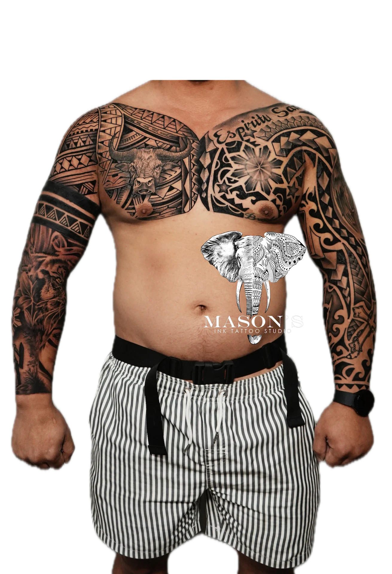 Black Work Polynesian Tattoo Design: a large black and grey elephant and geometric pattern full sleeve tattoo