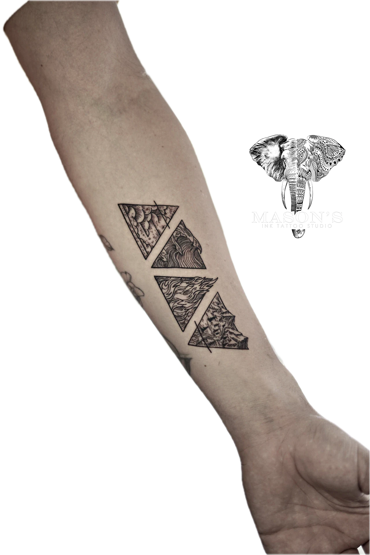 Black Work Four Elements (Earth, Water, Fire, Wind) tattoo by Mason's Ink Tattoo Studio, Bali