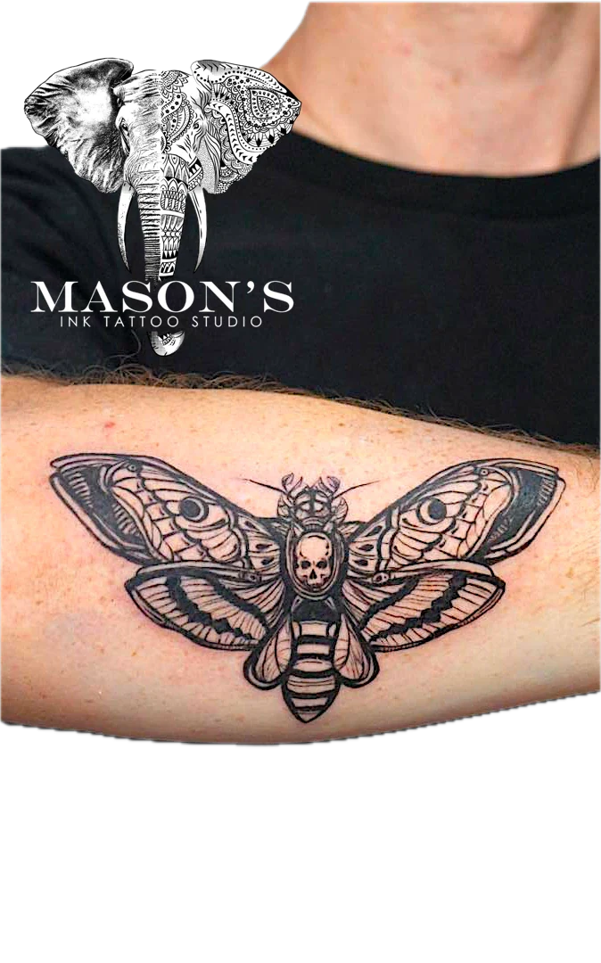 Black Work Butterfly Skull tattoo by Mason's Ink Tattoo Studio, Bali