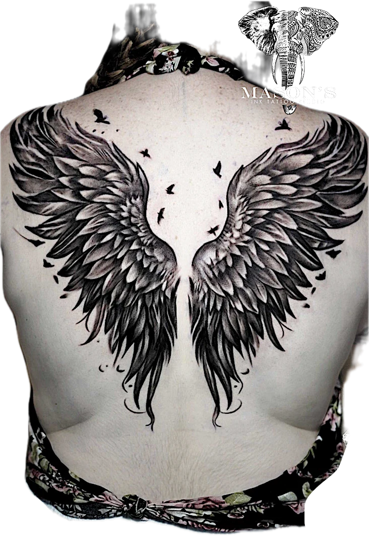 Black Work Full Back Two Wings tattoo by Mason's Ink Tattoo Studio, Bali