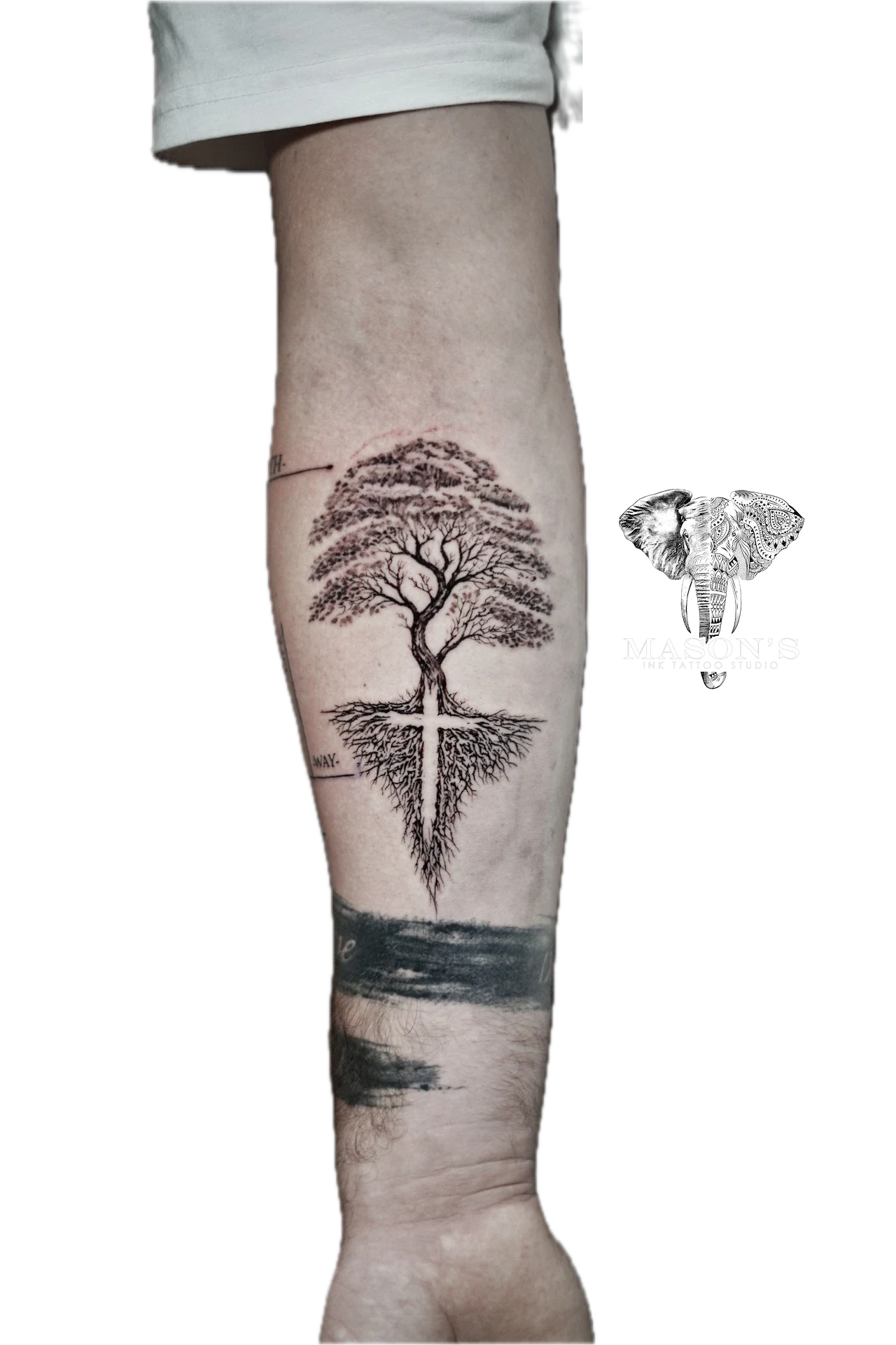 Black Work Tree, Root and Cross tattoo by Mason's Ink Tattoo Studio, Bali