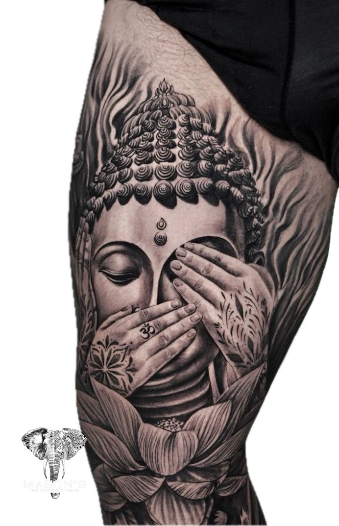 Budha Face Black Work and realism tattoo by Mason's Ink Tattoo Studio, Bali