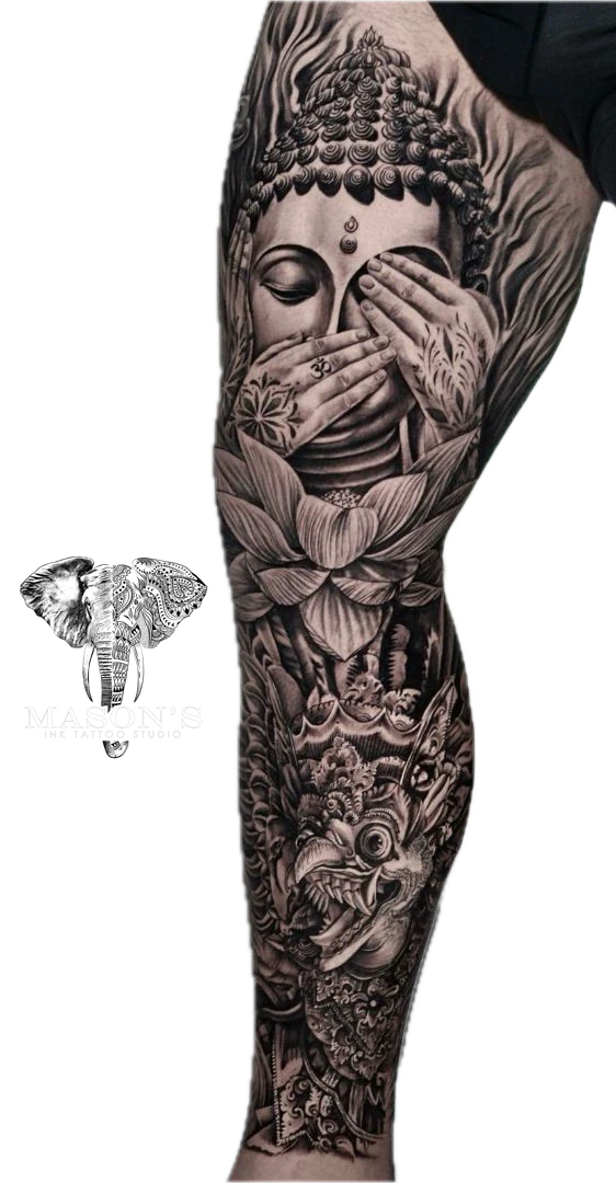 Budha Face and Garuda Jatayu Black Work and Realism tattoo by Mason's Ink Tattoo Studio, Bali