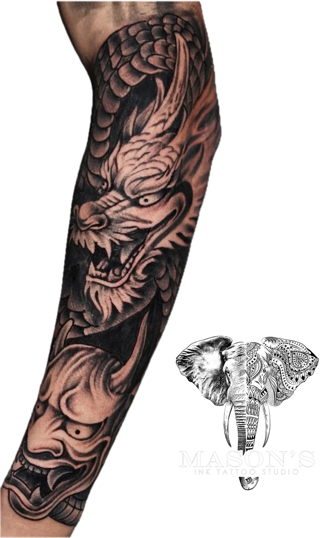 Japanese Devil and Dragon tattoo by Mason's Ink Tattoo Studio, Bali