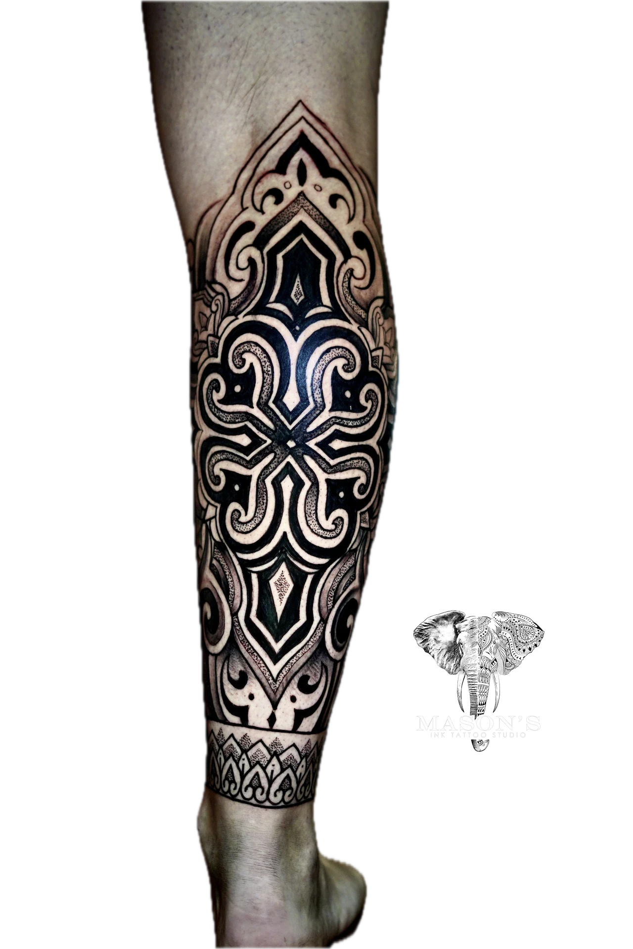 Ornamental Leg tattoo by Mason's Ink Tattoo Studio, Bali