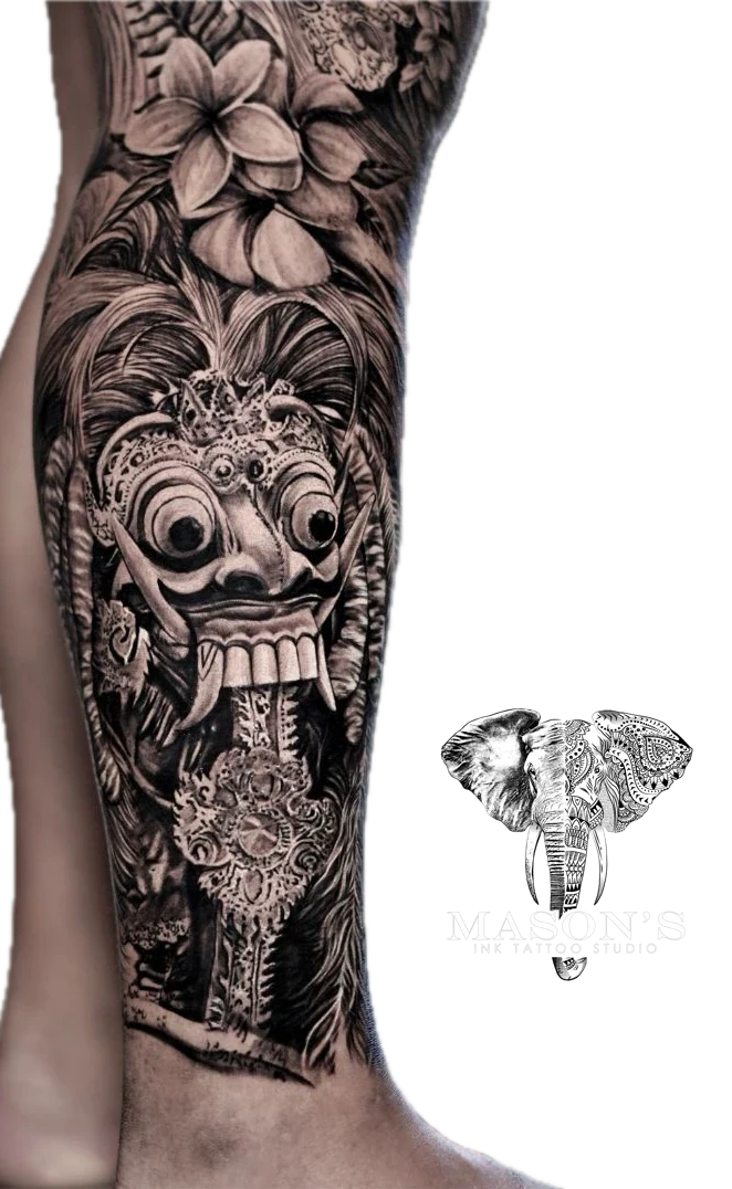 Rangda Black Work tattoo by Mason's Ink Tattoo Studio, Bali
