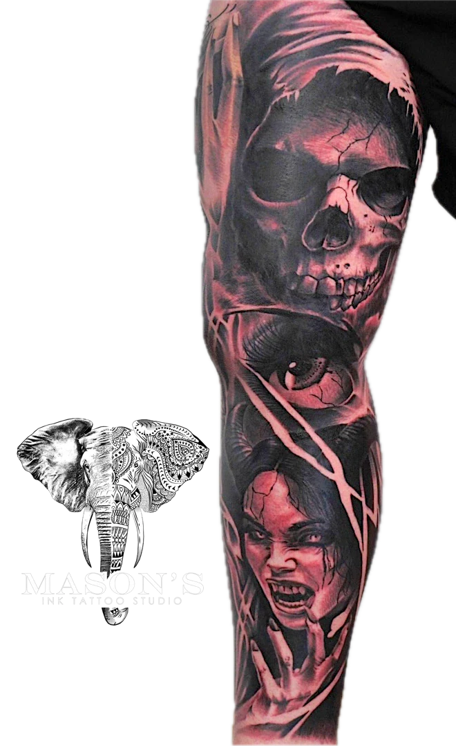 Realism Beauty Vampire Woman and Skull tattoo by Mason's Ink Tattoo Studio, Bali